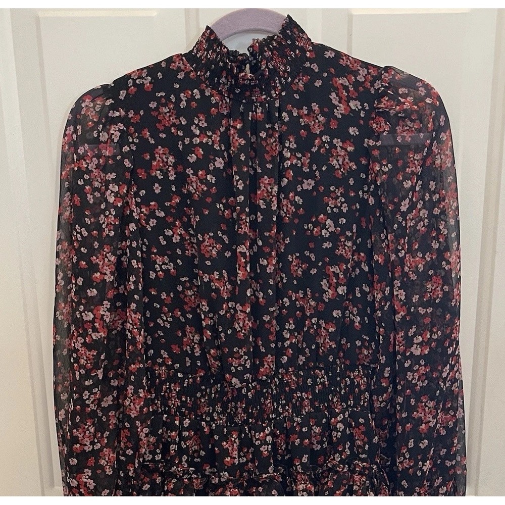 Sam & Jess Black Floral Tiered Dress Sheer Sleeve Dark Academia Whimsigoth Sz M‎